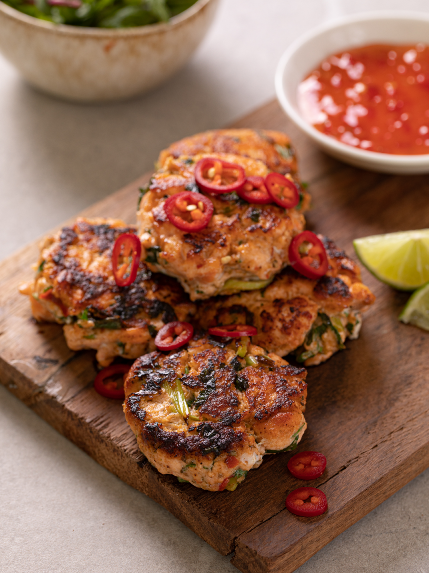 Thai Salmon Fishcakes on a wooden serving board on